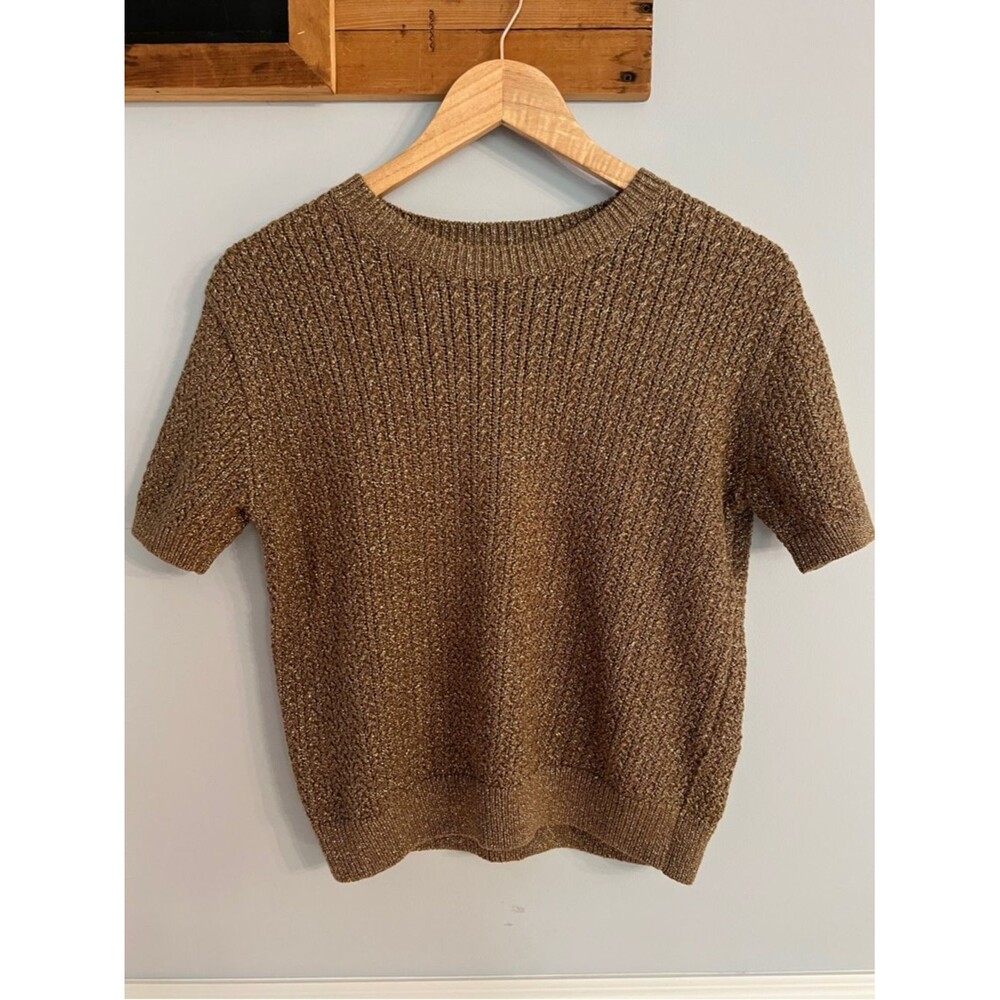 NWT Banana Republic Gold Knit Sweater Top S Metallic Short Sleeve